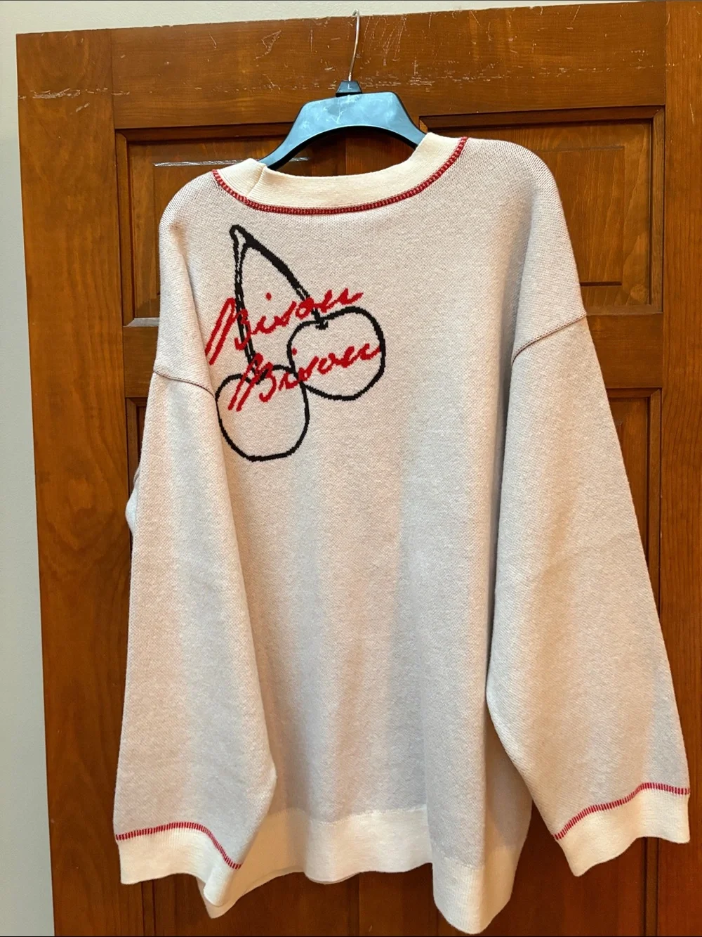 Anthropologie Cream Cardigan with Red Trim and Black Script Accents - Picture 4 of 4